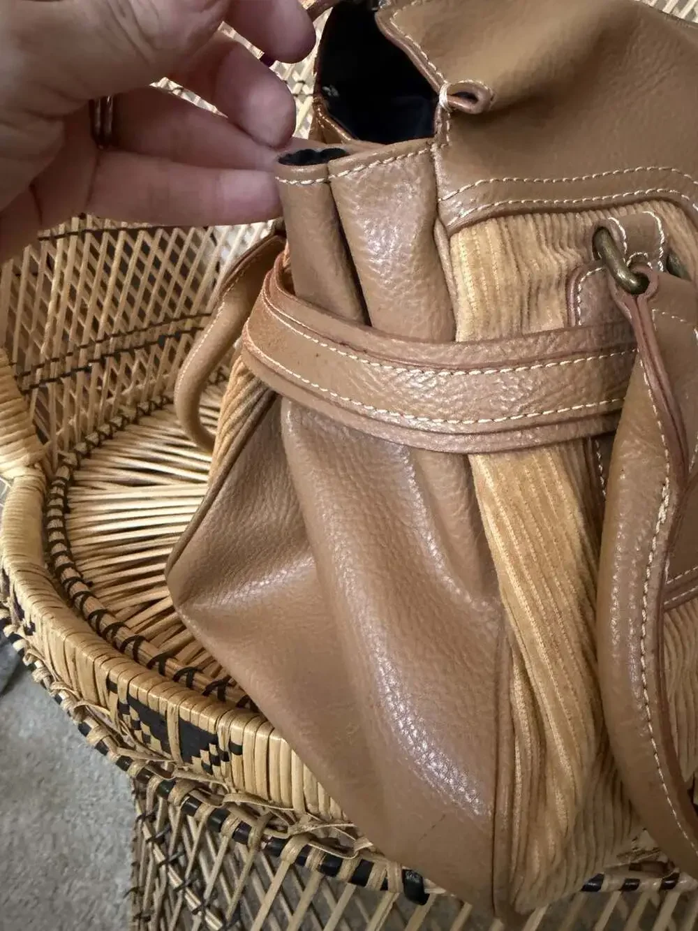 Tommy Hilfiger Vintage Y2K Tan Corduroy and Faux Leather Hobo Shoulder Handbag